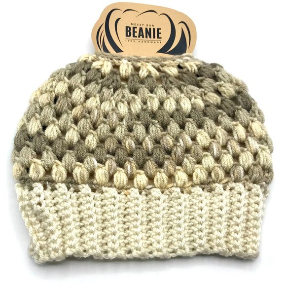 Puff Stitch Messy Bun Beanie | Handmade Crochet Hat - Picture 1 of 9